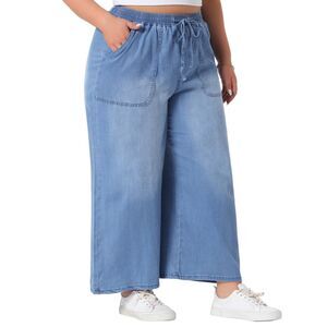 Plus Size Wide Leg Chambray Baggy Denim Pants with Pockets Light Blue